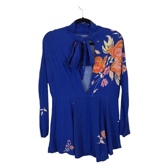 Free People Gemma Women's Size XS Tunic Blue Floral Mock Neck Tie Mini Dress - Picture 3 of 11